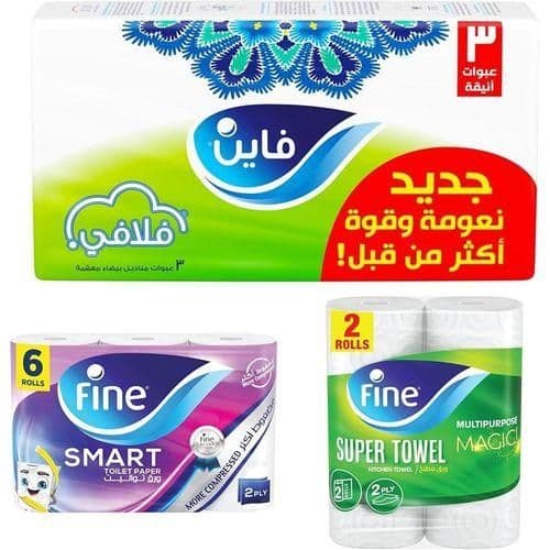 عرض مناديل فاين مكون من عدد 3 عبوات من مناديل سحب 500 منديل + 2 رول من مناديل مطبخ + 6 رول من مناديل تواليت 