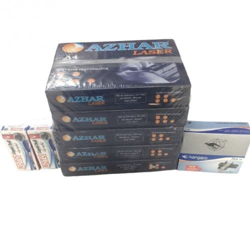 عرض مكون من ورق طباعة و تصوير ماركة ازهار 80 جم - عدد 5 رزم 2500 ورقة +مجموعة من علبتان من اقلام روتو 24 قلم +20 علبة من دبابيس دباسة