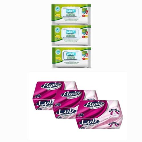 White ٣ قطع من المناديل الفاخرة ٣ طبقات - ٥٠٠ منديل + مناديل مبللة ٥٠ منديلا مبللا - ٣ قطع