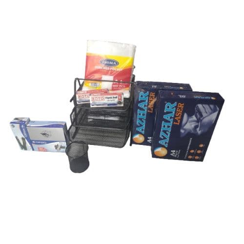 رزمتان ورق 80 جم ازهار +باكيت فايل شفاف 50 ميكرون 100 قطعة +دباسة كانجرو +دبابيس دباسة 24/6 كانكرو +علبتان قلم روتو ازرق اللون 24 قلم +تراى 3 طبقة مقلمة مكتب معد