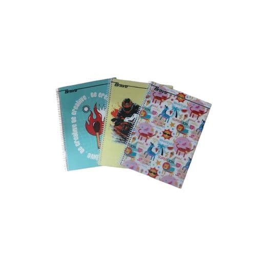  مجموعة من 3 كشكول برافو A4 سطرين للغة الانجليزية عدد 100 ورقة مقاس 198*278 من شركة ساسكو بغلاف بلاستيك مقوى عليه رسومات