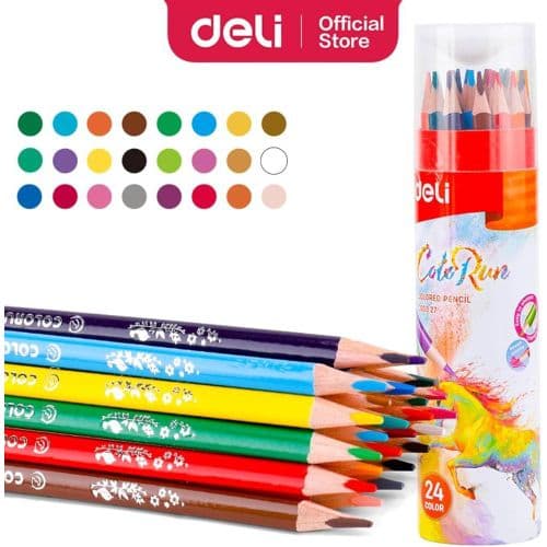 Deli الوان خشب طويل فى مقلمة معدن دائرية مع براية من شركة ديلى العالمية لتصنيع الادوات المكتبية عدد 24 لون